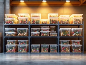 Järjestetty varasto, jossa läpinäkyviä muovilaatikoita täynnä värikkäitä joulukoristeita metallihyllyissä