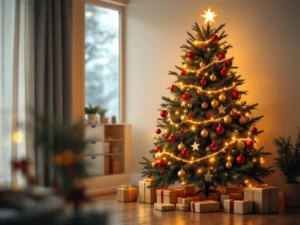 Joulukoriste kuusi kultaisilla valoilla ja punakultaisilla koristeilla olohuoneen nurkassa, lahjoja puun alla