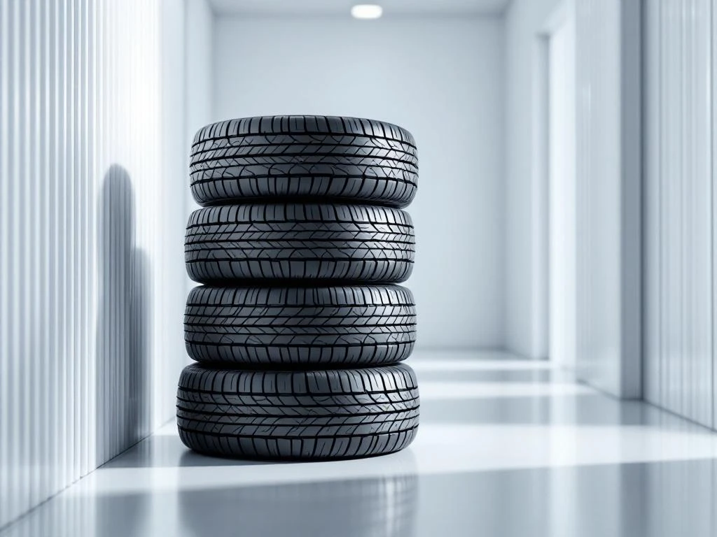 Neljä kesärengasta pinottu pyramidimuodostoon valkoisessa varastotilassa, selkeät kulutuspintakuviot näkyvissä